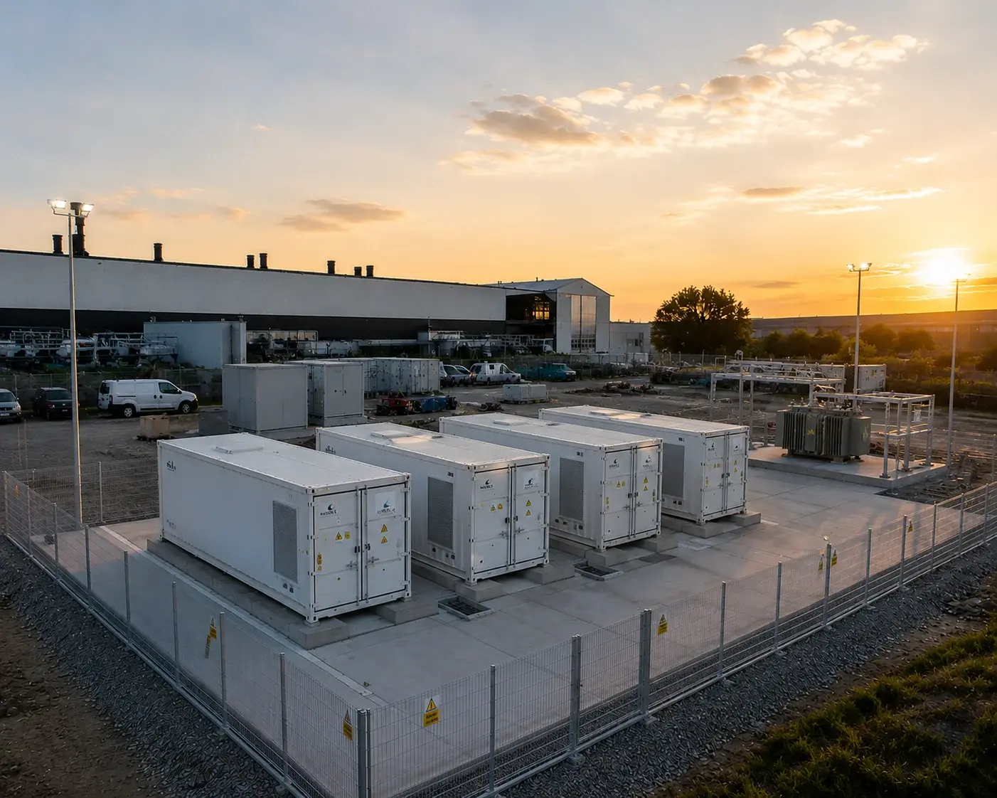 Konzeptvisualisierung: Batteriespeicher-Container in der Abenddämmerung