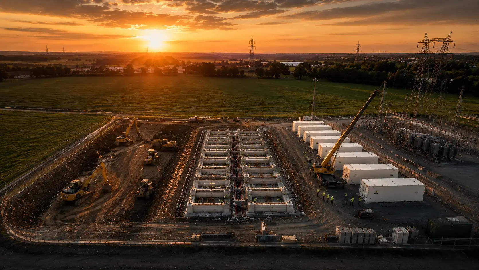 Konzeptvisualisierung: Luftaufnahme einer Batteriespeicher-Baustelle bei Sonnenuntergang